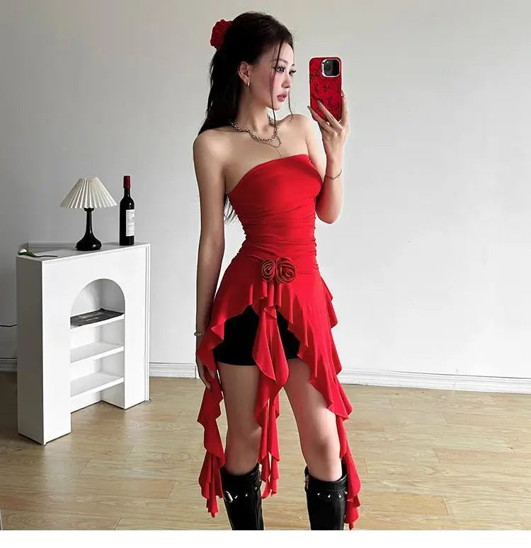 Women Bustier Tops Irregular 3D Roses Ruffle Slim Aesthetic Summer Chic Streetwear Tops Solid Red Womenswear Black White Sexy by KATA - Tropical Star