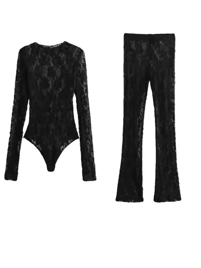 Lace Bodysuit Women's Bodysuit Auutmn Black Cutwork O-Neck Long Sleeves High Spandex Bodysuits Sexy Lingerie For Fine Women L5QW by KATA - Tropical Star