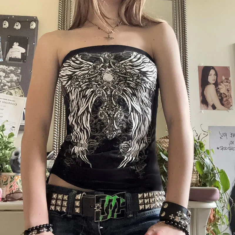 Gothic Print Black Tube Top Women Strapless Skinny Cropped Tops Summer Casual Chic Graphic Tees Y2K Streetwear Vest Basic