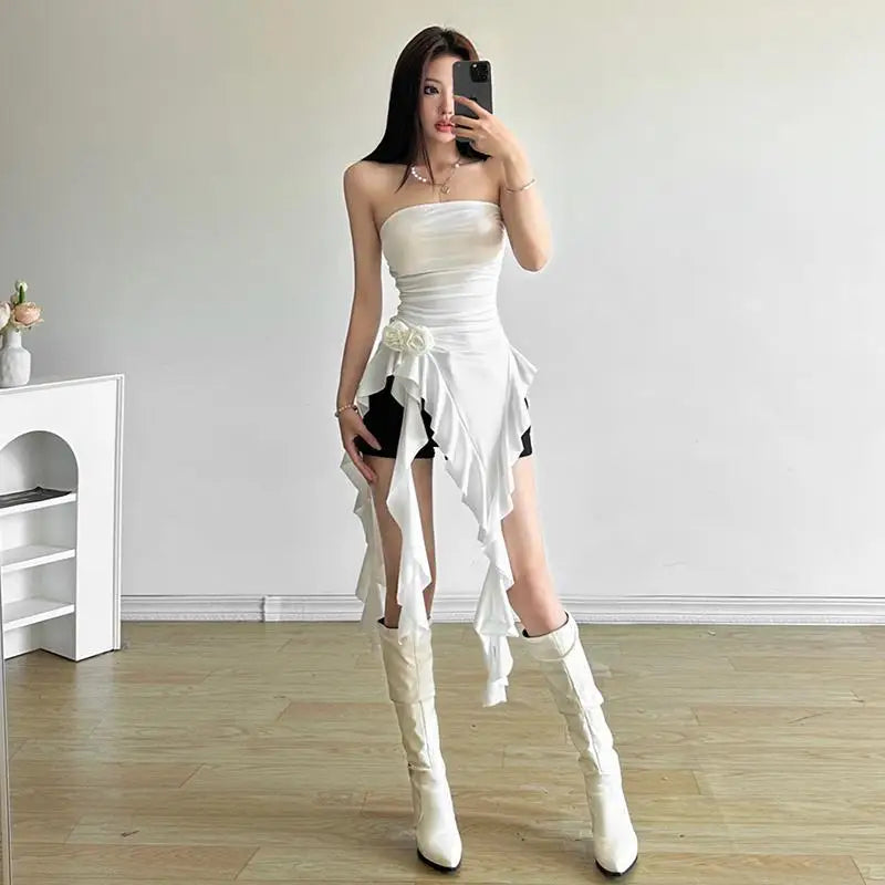 Women Bustier Tops Irregular 3D Roses Ruffle Slim Aesthetic Summer Chic Streetwear Tops Solid Red Womenswear Black White Sexy by KATA - Tropical Star