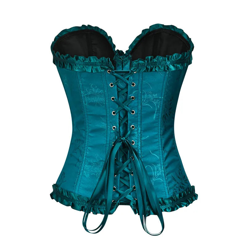Yellow Jacquard Ruffled Trim Boned Sexy Overbust Push Up Bustier Top Corset Mujer Slimming Corsets For Women Sexy Gothic Clothes