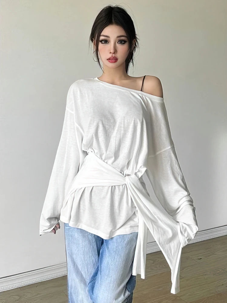 See Through Long sleeve Oversize T shirt Women Sexy Back Bandage Off shoulder Top Female Basic Long Tees Korean Chic Lady New by KATA - Tropical Star