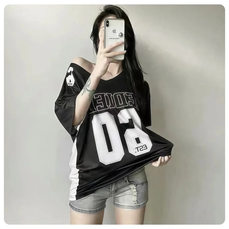 Summer American 90S Style Loose Casual Top with a Disappearing Bottom Effect, Off-Shoulder Sporty Short-Sleeve T-Shirt by KATA - Tropical Star