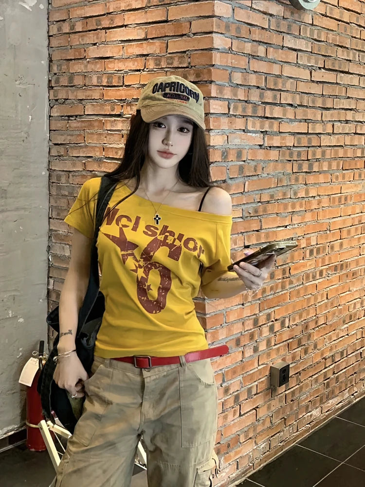 Y2k Sport Summer Off shoulder Top Women Sexy Vintage 2000s Short sleeve T shirt Lady Body Basic Crop Top Female Casual by KATA - Tropical Star