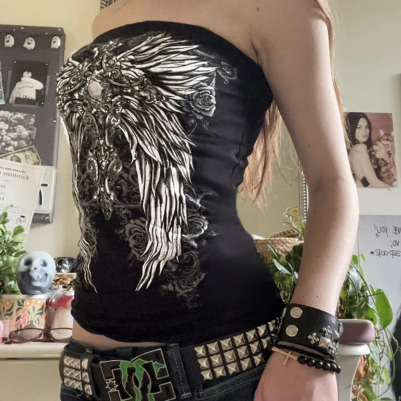 Gothic Print Black Tube Top Women Strapless Skinny Cropped Tops Summer Casual Chic Graphic Tees Y2K Streetwear Vest Basic