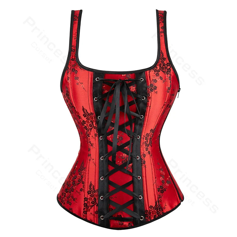 Women Corset with Straps Black Overbust Corset Plus Size Floral Jacquard Corset Zipper Top Gothic Steampunk Corset Bustier