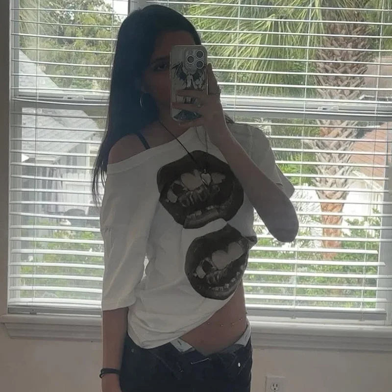 American Street Hip Hop Mouth Print Loose T-shirt Women Personalized Casual Top by KATA - Tropical Star