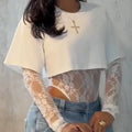 Sexy Women Crop Top+Lace Jacquard Full Sleeve Bodysuit Hottie Street Clubwear Slim Fit Wild Matching Basic Skinny Tees+Jumpsuit
