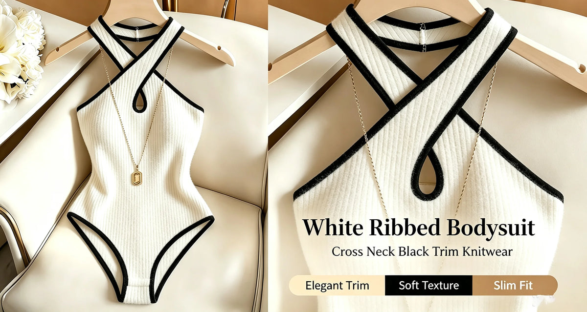 3pc Y2K Fashion Halter Bodysuit Criss Cross Neck Cutout Ribbed Knit Contrast Trim Slim Women Sleeveless Body Suit Club Outfit