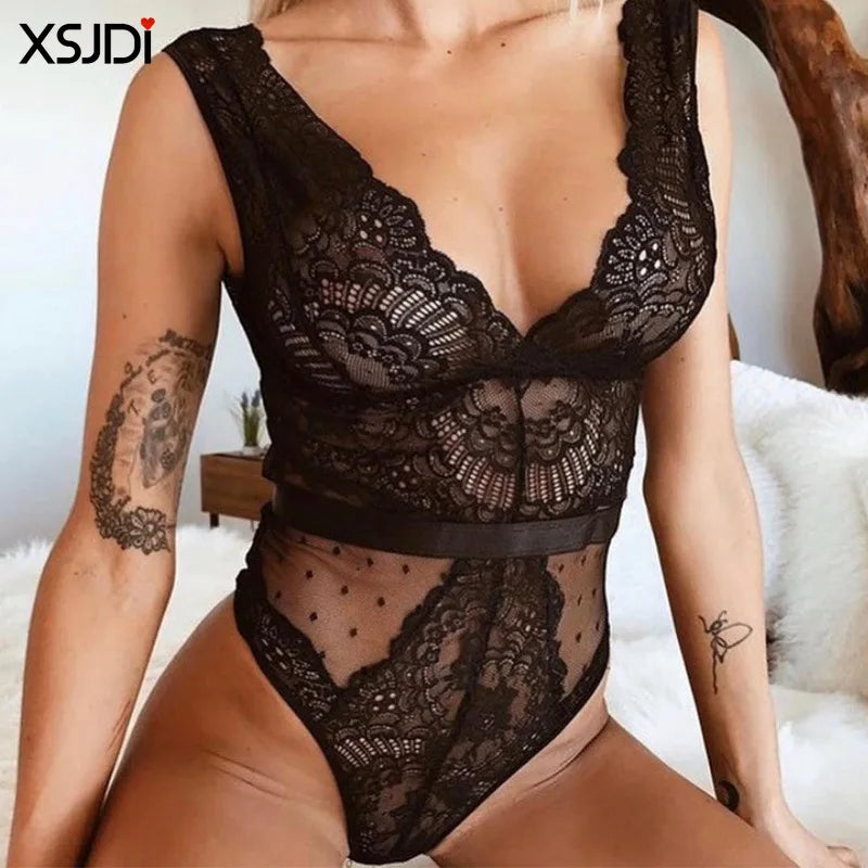 Hot Sex Women Lace See-through Babydoll Sexy Transparent Body Lingerie Porno Mesh Bodysuit Lingerie Teddies Mesh Women Bodysuit by KATA - Tropical Star
