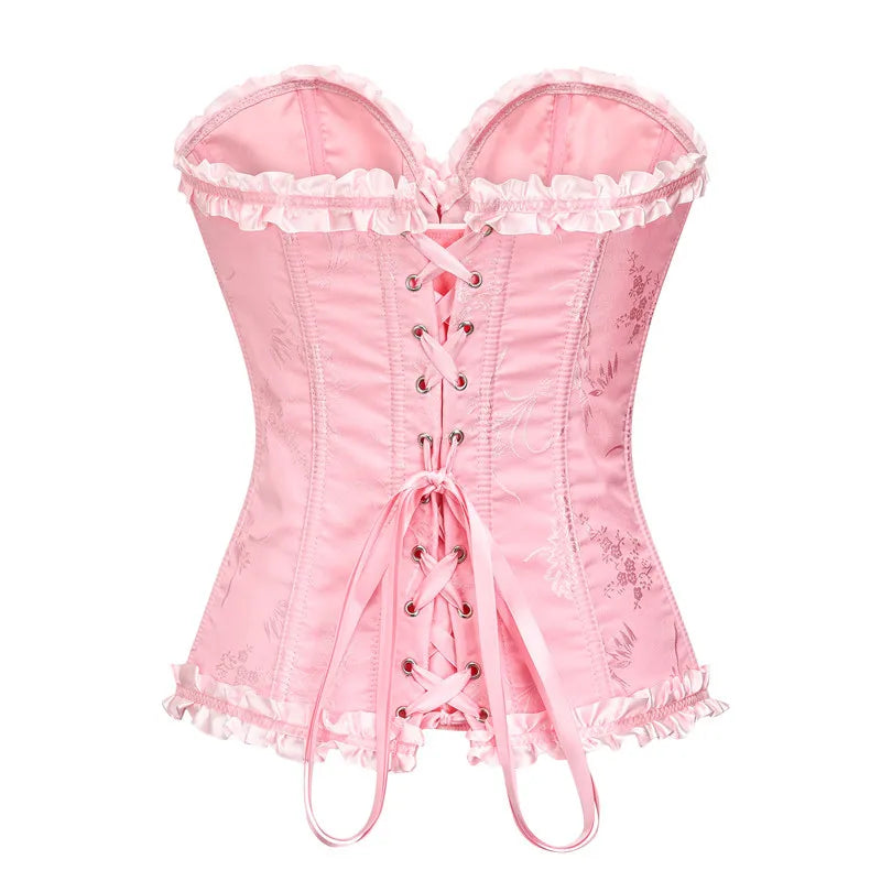 Yellow Jacquard Ruffled Trim Boned Sexy Overbust Push Up Bustier Top Corset Mujer Slimming Corsets For Women Sexy Gothic Clothes