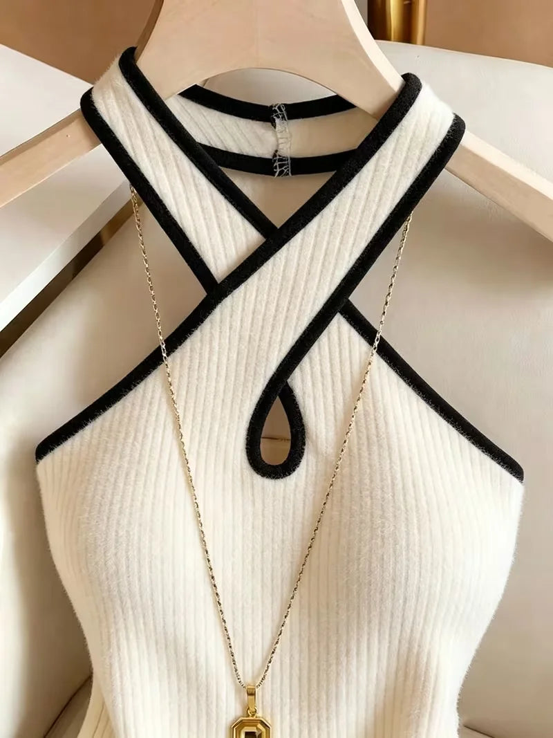 3pc Y2K Fashion Halter Bodysuit Criss Cross Neck Cutout Ribbed Knit Contrast Trim Slim Women Sleeveless Body Suit Club Outfit