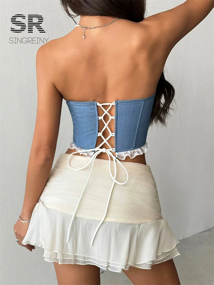 SINGREINY Denim Lace Hotsweet Tank Tops 2026 Strapless Off Shoulder Lace Up Corset Tops Ladies Summer Korean Hot Girl Camisoles