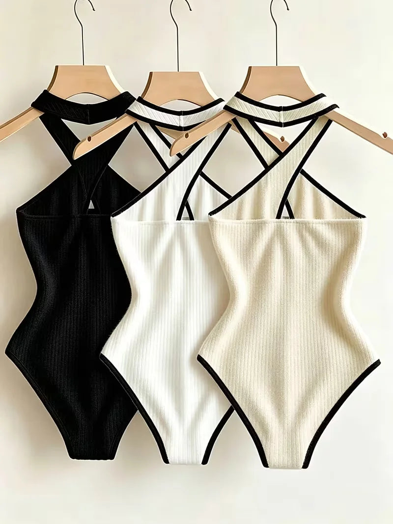 3pc Y2K Fashion Halter Bodysuit Criss Cross Neck Cutout Ribbed Knit Contrast Trim Slim Women Sleeveless Body Suit Club Outfit