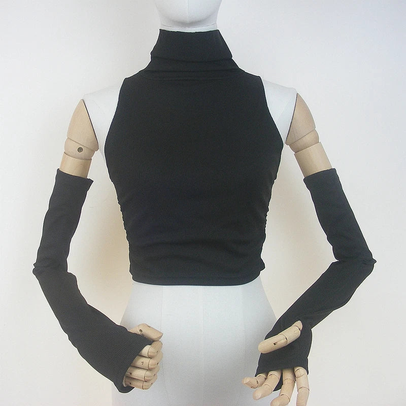 Woman Clothes Fall 2025 Tank Top Sleeve Cover Sleevless Side Pleats Turtleneck T-shirt Sexy Ribbed Knitted Tops Y2k 2529 by KATA - Tropical Star
