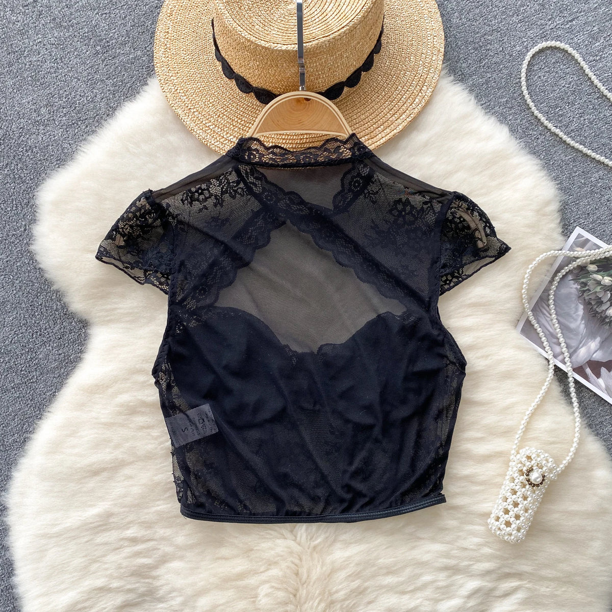 SINGREINY American Sexy Sheer Lace Blouse Women Short Sleeves Hotsweet Chiffon Shirt Fashion Hollow Out Chest Slim Summer Tops
