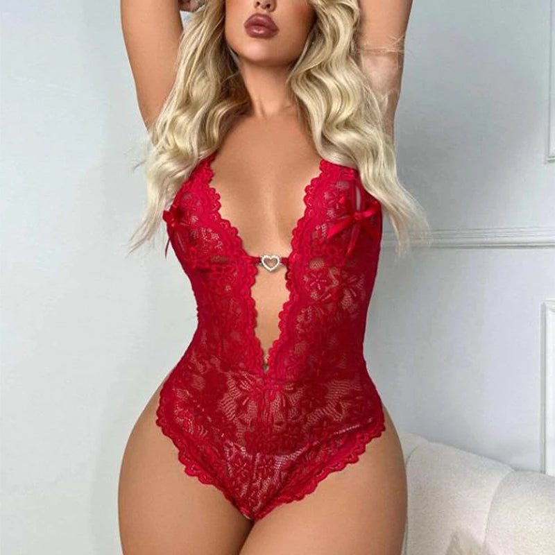 Women Lace Body Suit Sexy Lingerie Sleepwear Mesh Lace Floral Deep V See-through Teddies Bodysuits Naughty Eroctic Costumes by KATA - Tropical Star