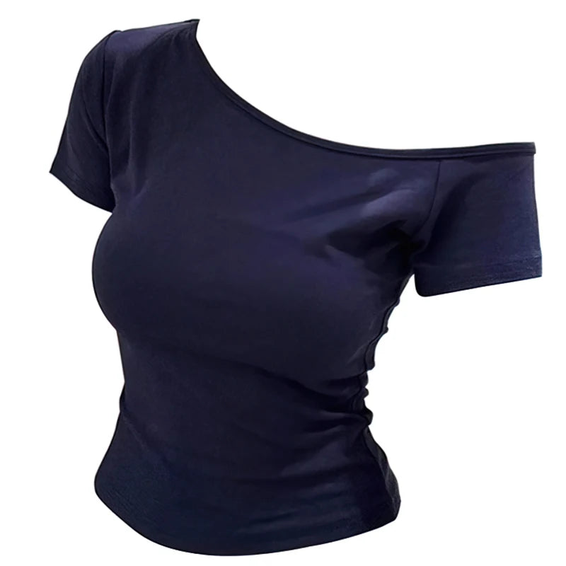 100% Ribbed Cotton Summer Off shoulder Top Women Slim fit Body Summer Short sleeve T shirt Female Sexy Basic Tees Korean Chic by KATA - Tropical Star