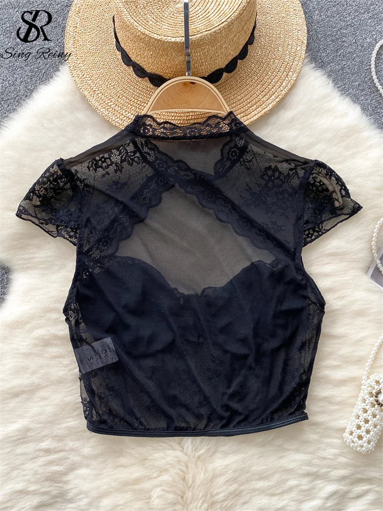 SINGREINY American Sexy Sheer Lace Blouse Women Short Sleeves Hotsweet Chiffon Shirt Fashion Hollow Out Chest Slim Summer Tops by KATA - Tropical Star