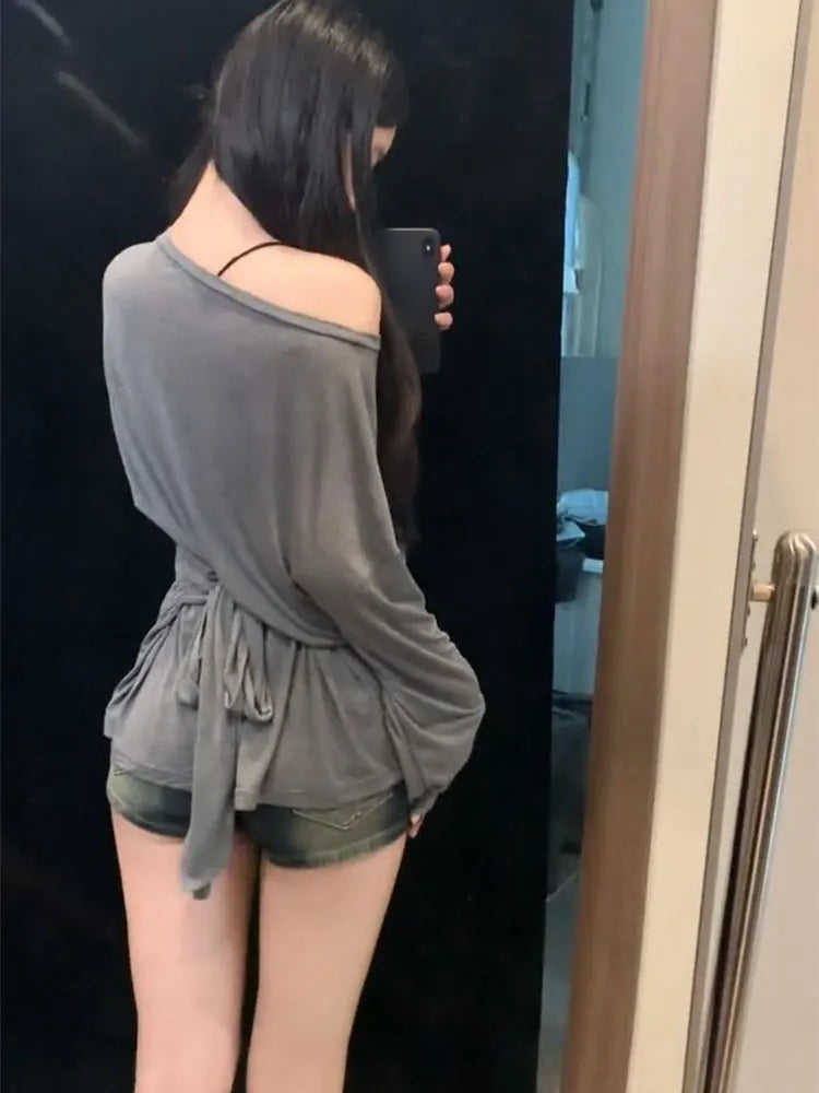 See Through Long sleeve Oversize T shirt Women Sexy Back Bandage Off shoulder Top Female Basic Long Tees Korean Chic Lady New by KATA - Tropical Star