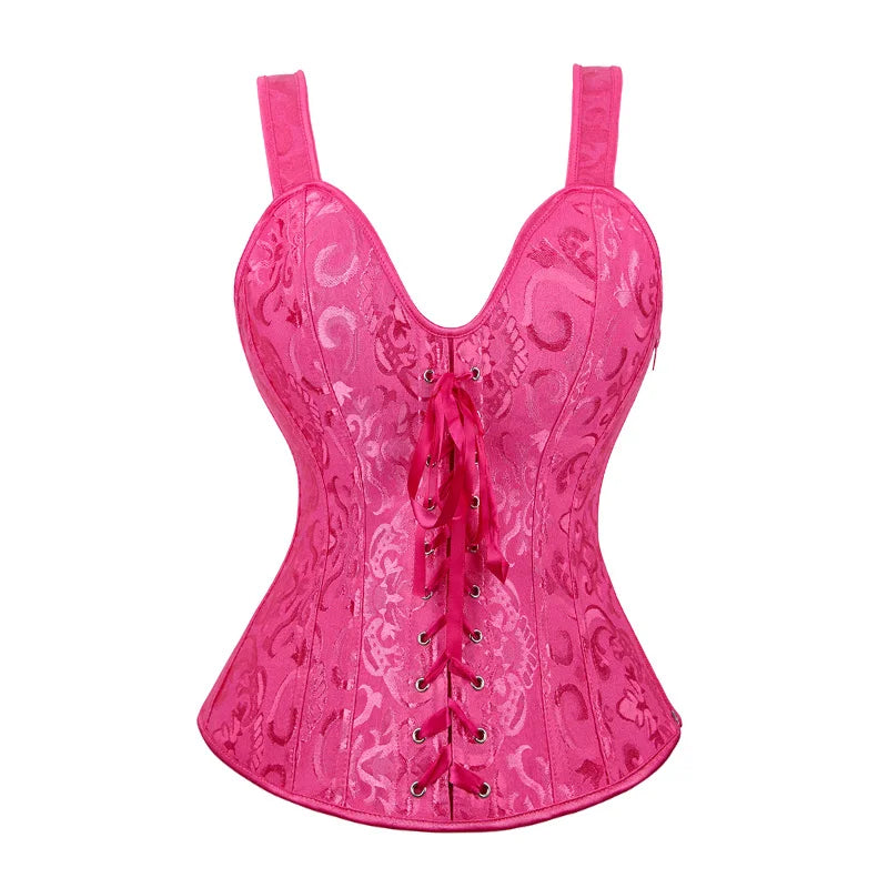 Women Corset with Straps Black Overbust Corset Plus Size Floral Jacquard Corset Zipper Top Gothic Steampunk Corset Bustier