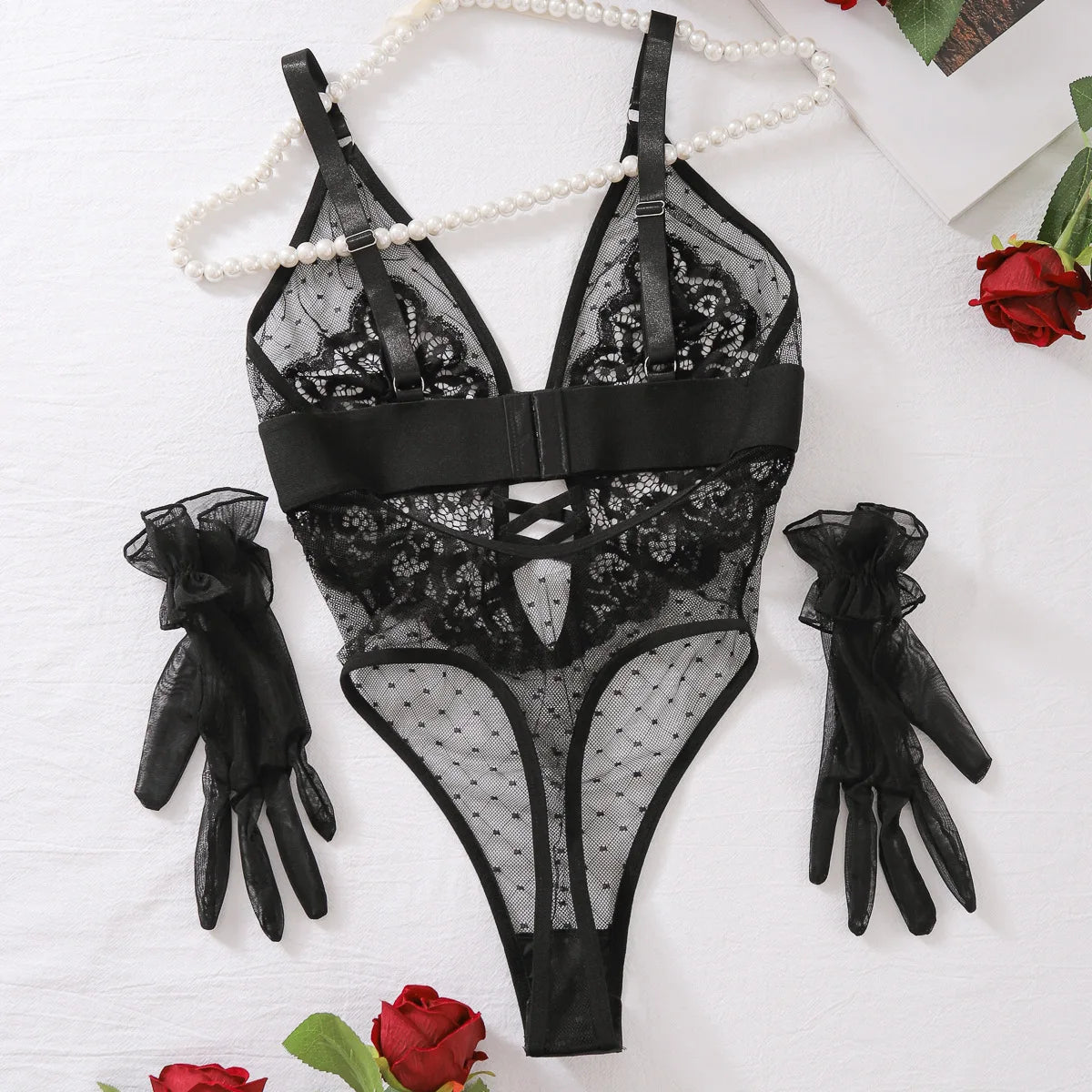 Sexy Bodysuits Polka Dot Mesh Flower Embroidery Lace Glove Backless Deep V Suspenders Sleeveless Bodysuits Charming Casual LE4A