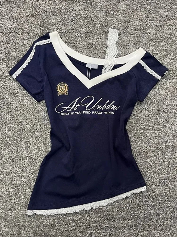 Millennium style Gothic Hot Girl Waist Splicing Lace Strap Short Sleeve T-shirt for Women 2025 New Summer navy blue slim fit top by KATA - Tropical Star