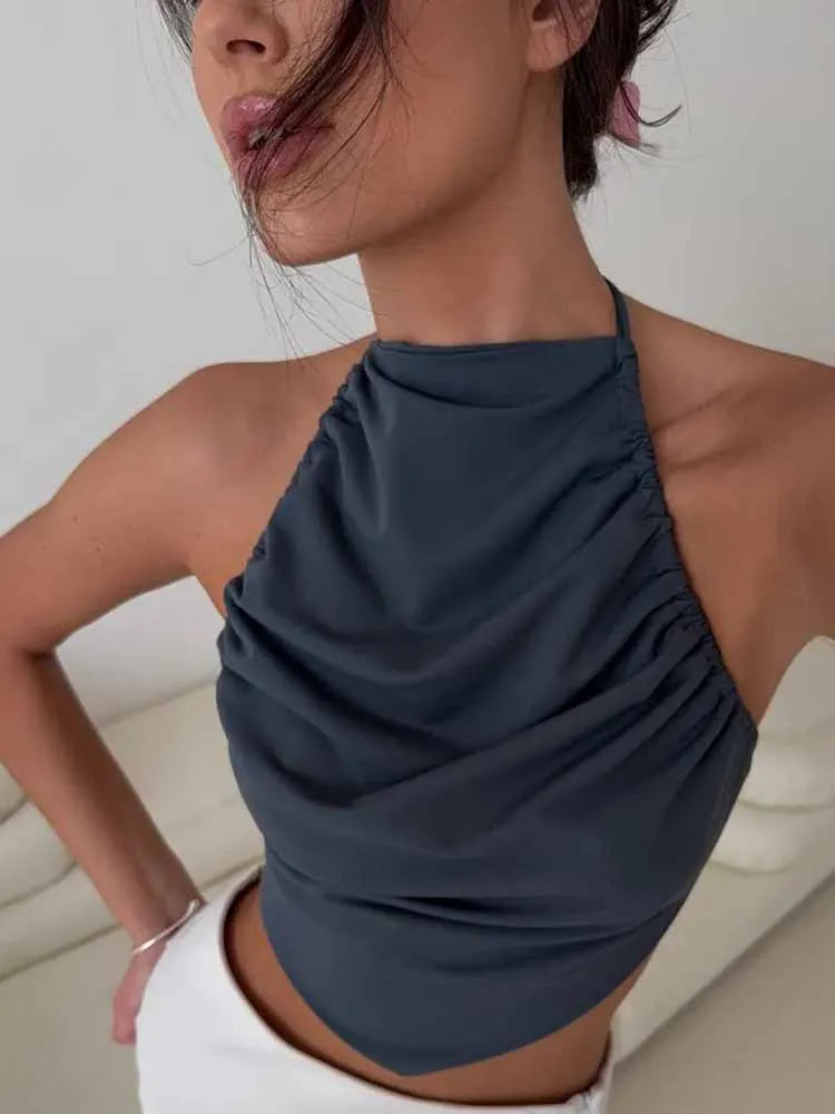 BKQU Satin Women Halter Top Solid Color Irregular Sexy Backless Slip Tank Top 2025 Summer New Party Hot Girl Y2k Ruched Camisole by KATA - Tropical Star