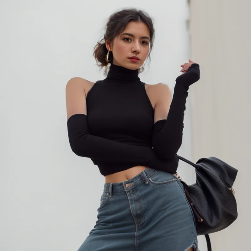 Woman Clothes Fall 2025 Tank Top Sleeve Cover Sleevless Side Pleats Turtleneck T-shirt Sexy Ribbed Knitted Tops Y2k 2529 by KATA - Tropical Star