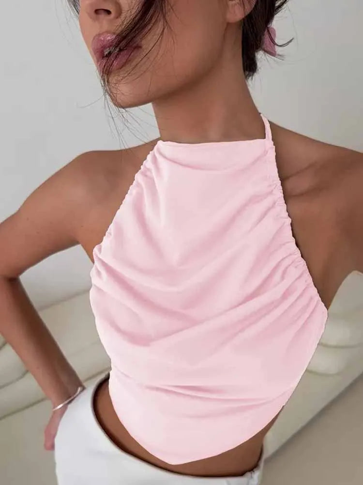 BKQU Satin Women Halter Top Solid Color Irregular Sexy Backless Slip Tank Top 2025 Summer New Party Hot Girl Y2k Ruched Camisole by KATA - Tropical Star