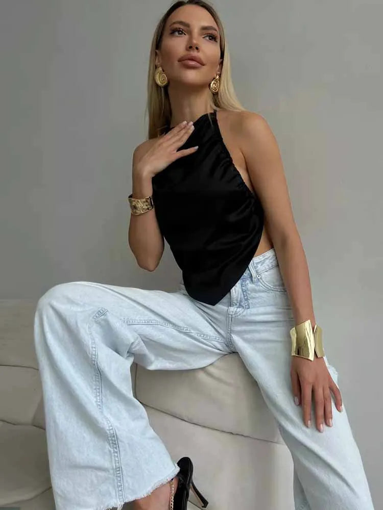 BKQU Satin Women Halter Top Solid Color Irregular Sexy Backless Slip Tank Top 2025 Summer New Party Hot Girl Y2k Ruched Camisole by KATA - Tropical Star