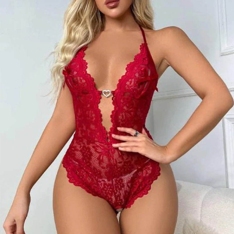 Women Lace Body Suit Sexy Lingerie Sleepwear Mesh Lace Floral Deep V See-through Teddies Bodysuits Naughty Eroctic Costumes by KATA - Tropical Star