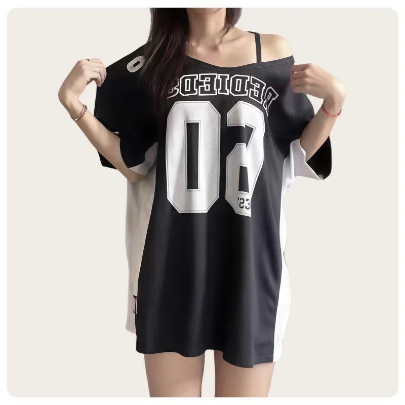 Summer American 90S Style Loose Casual Top with a Disappearing Bottom Effect, Off-Shoulder Sporty Short-Sleeve T-Shirt by KATA - Tropical Star