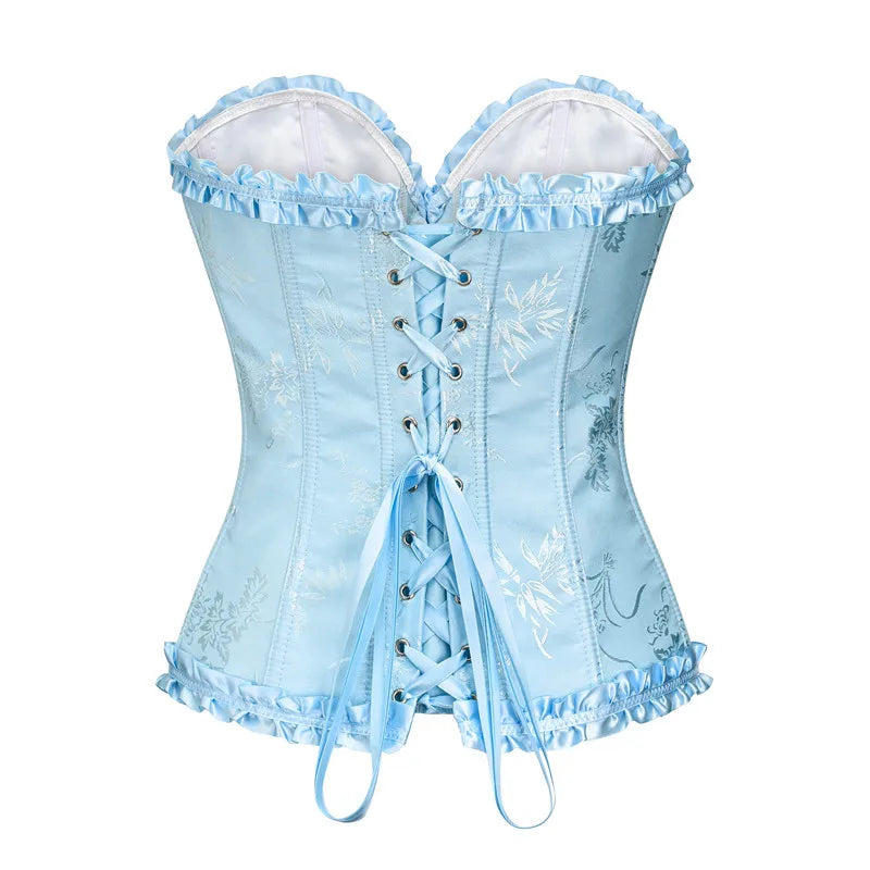 Yellow Jacquard Ruffled Trim Boned Sexy Overbust Push Up Bustier Top Corset Mujer Slimming Corsets For Women Sexy Gothic Clothes