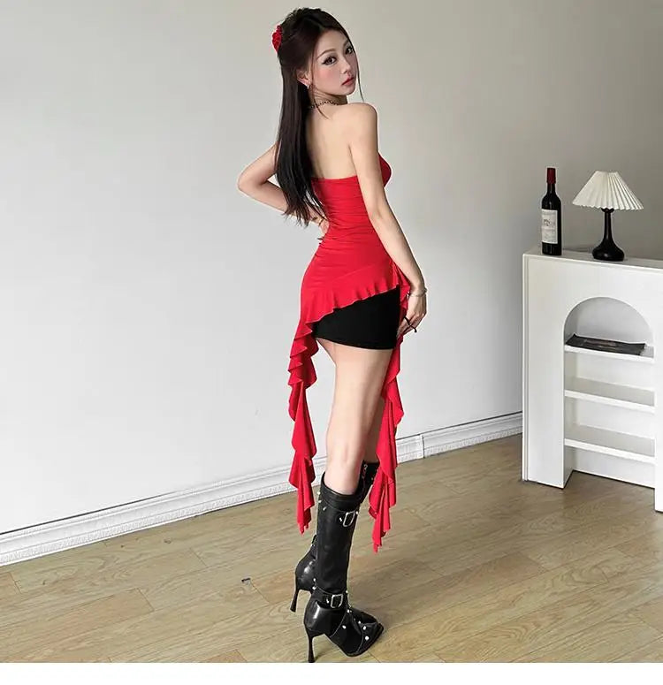 Women Bustier Tops Irregular 3D Roses Ruffle Slim Aesthetic Summer Chic Streetwear Tops Solid Red Womenswear Black White Sexy - Tropical Star