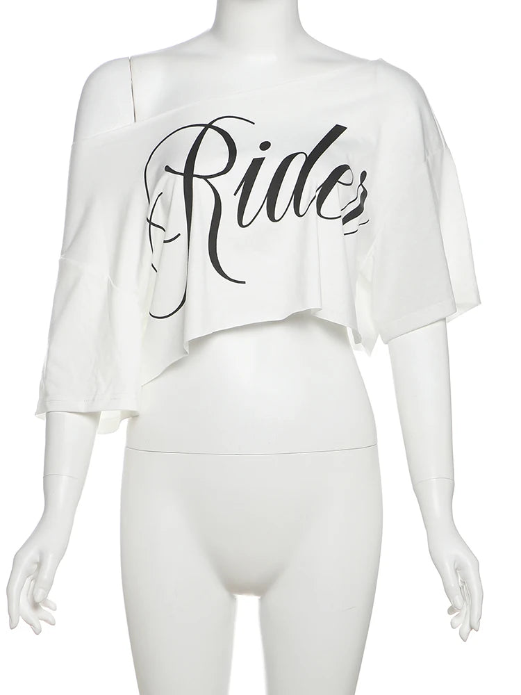 Weird Puss Letter Print Crop Tops Women Summer Trend Wild Biased Collar Street Skinny Simple Classic Streetwear Daily Soft Tees by KATA - Tropical Star