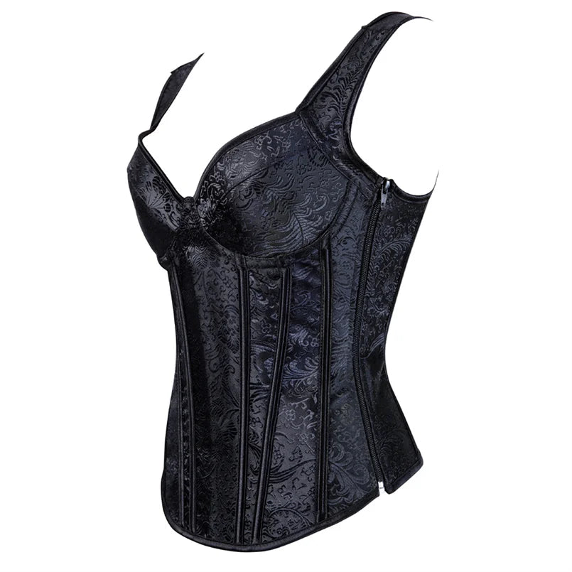 Women Corset with Straps Black Overbust Corset Plus Size Floral Jacquard Corset Zipper Top Gothic Steampunk Corset Bustier