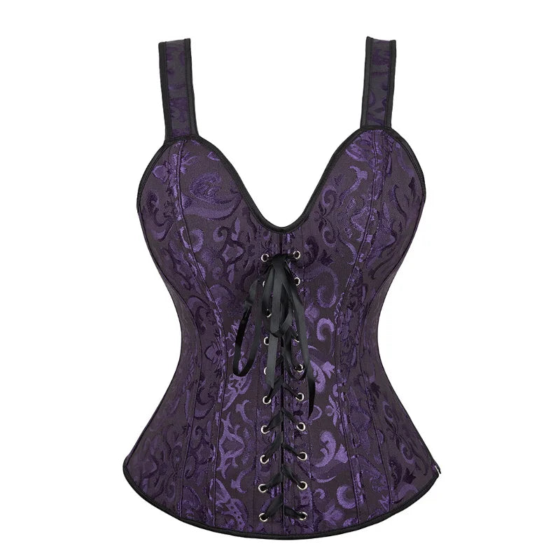 Women Corset with Straps Black Overbust Corset Plus Size Floral Jacquard Corset Zipper Top Gothic Steampunk Corset Bustier
