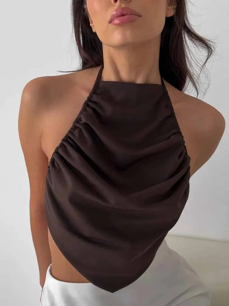 BKQU Satin Women Halter Top Solid Color Irregular Sexy Backless Slip Tank Top 2025 Summer New Party Hot Girl Y2k Ruched Camisole by KATA - Tropical Star