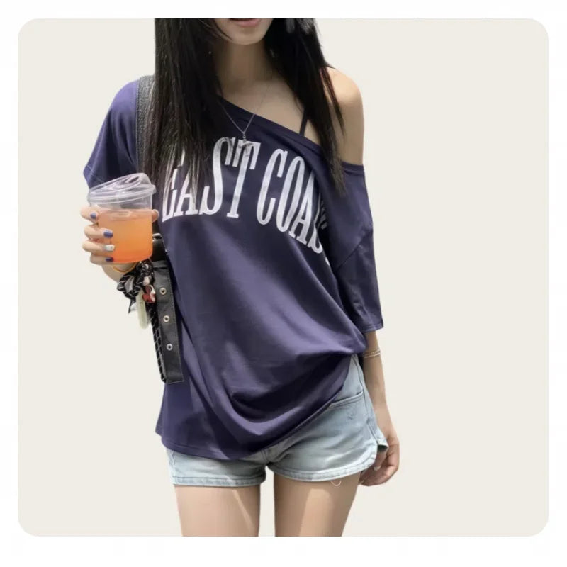 American-Style Short-Sleeved T-Shirt for Women, Summer Design, Finterest Slimming, Loose, Retro Off-Shoulder Top by KATA - Tropical Star