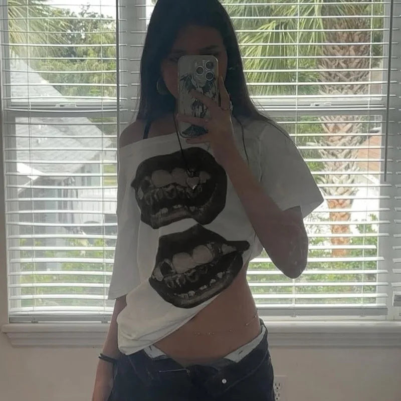 American Street Hip Hop Mouth Print Loose T-shirt Women Personalized Casual Top by KATA - Tropical Star