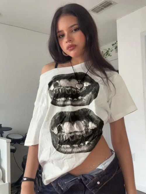 American Street Hip Hop Mouth Print Loose T-shirt Women Personalized Casual Top by KATA - Tropical Star