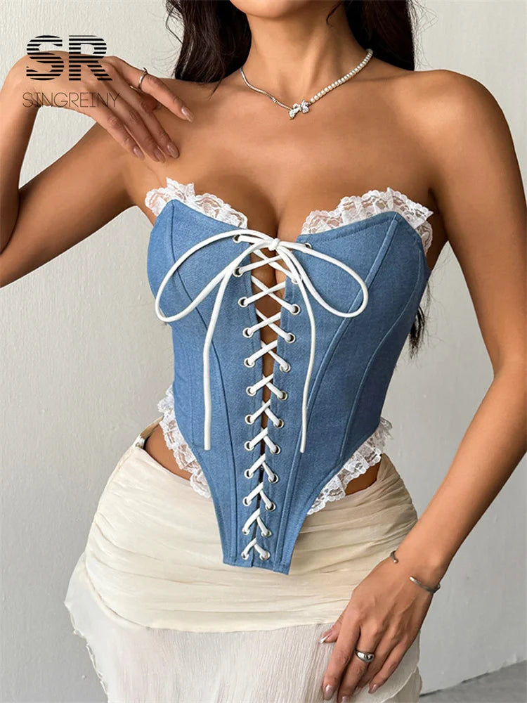 Denim Lace Strapless Corset Tank Top – Blue - Tropical Star
