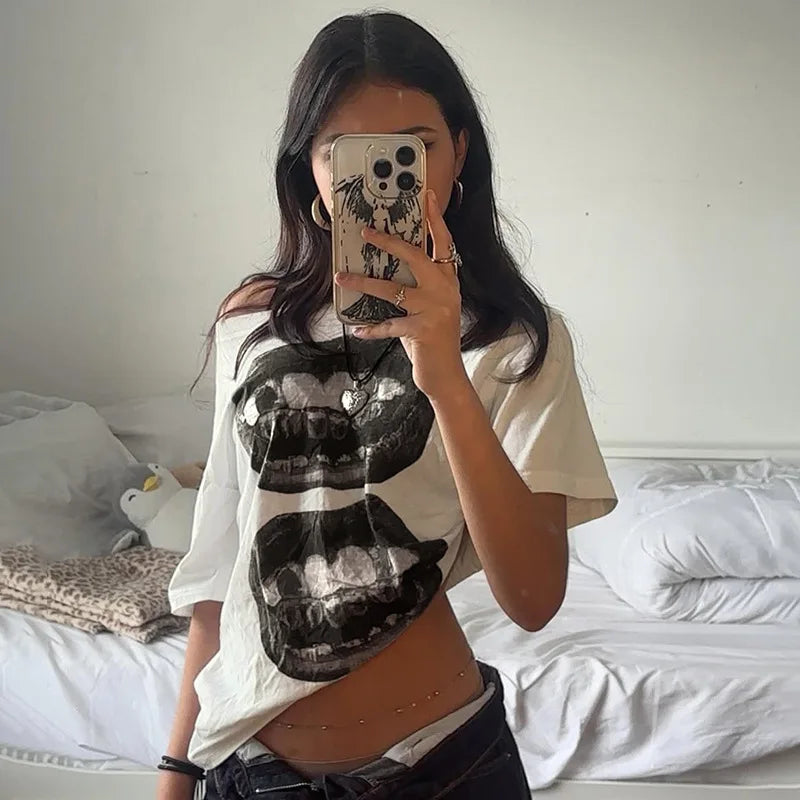 American Street Hip Hop Mouth Print Loose T-shirt Women Personalized Casual Top by KATA - Tropical Star