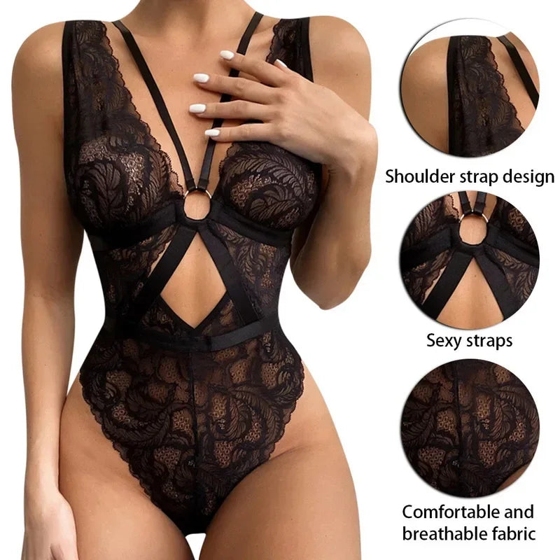 Sexy Bodysuit Women Lace Overalls Transparent Body Porno Mesh Bodysuit Lingerie Lace Hot Sex Costume Women See-through Babydoll by KATA - Tropical Star