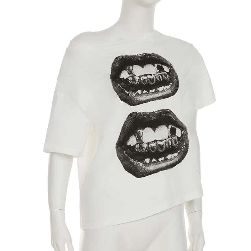 American Street Hip Hop Mouth Print Loose T-shirt Women Personalized Casual Top by KATA - Tropical Star