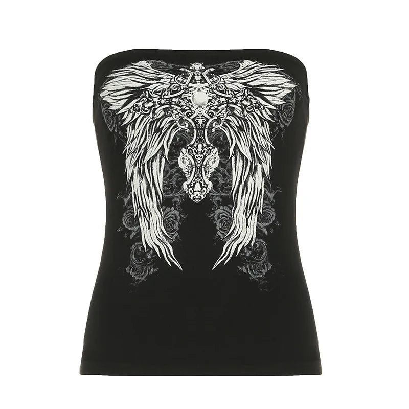 Gothic Print Black Tube Top Women Strapless Skinny Cropped Tops Summer Casual Chic Graphic Tees Y2K Streetwear Vest Basic