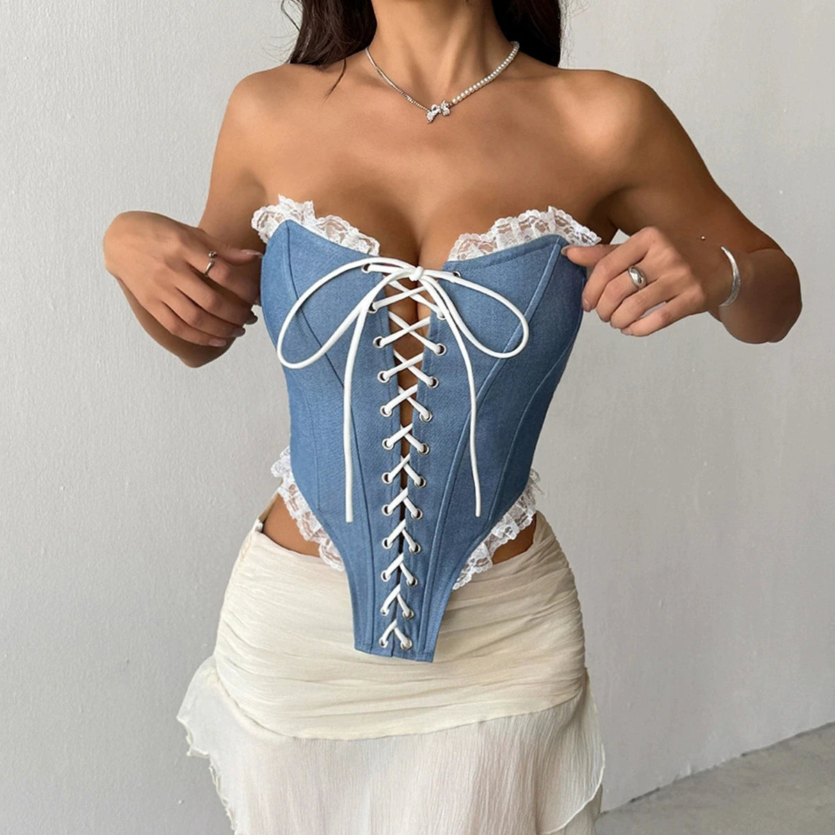 Denim Lace Strapless Corset Tank Top – Blue - Tropical Star
