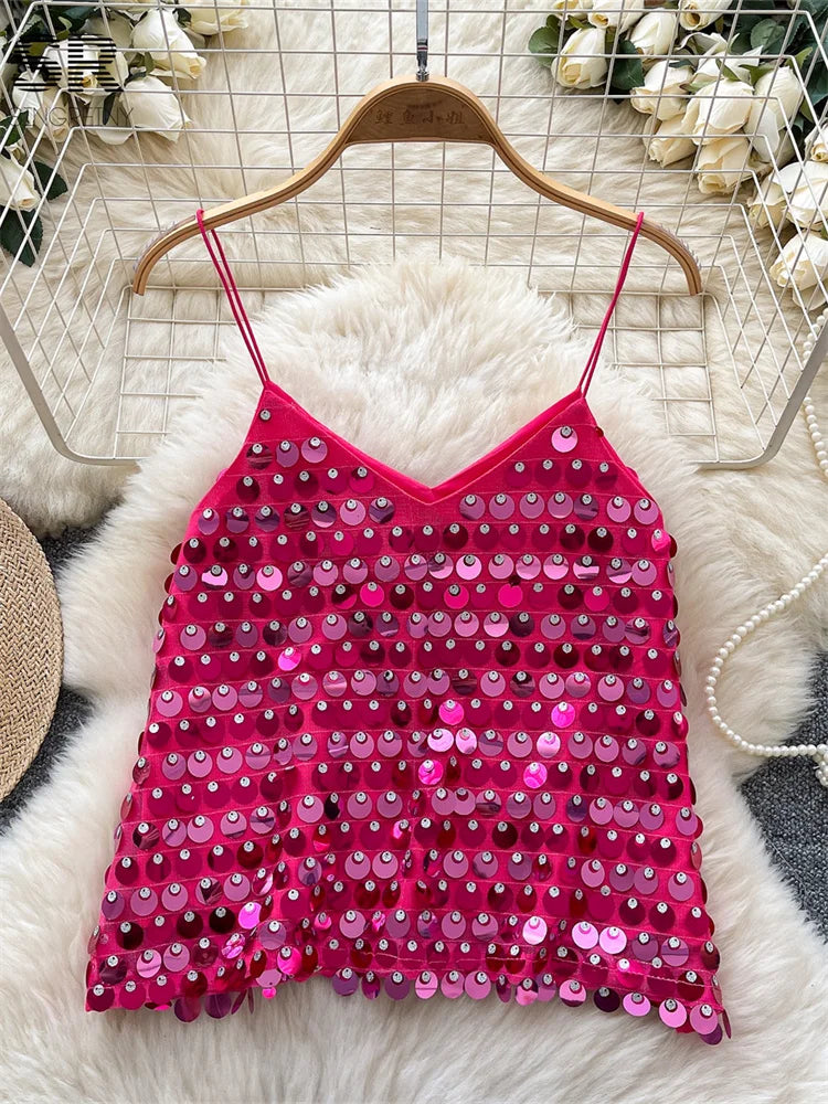 SINGREINY Sexy Sequined Club Mini Camis Sleeveless V Neck Solid Design Performance Camisoles Women Summer Hot Basics Party Tops