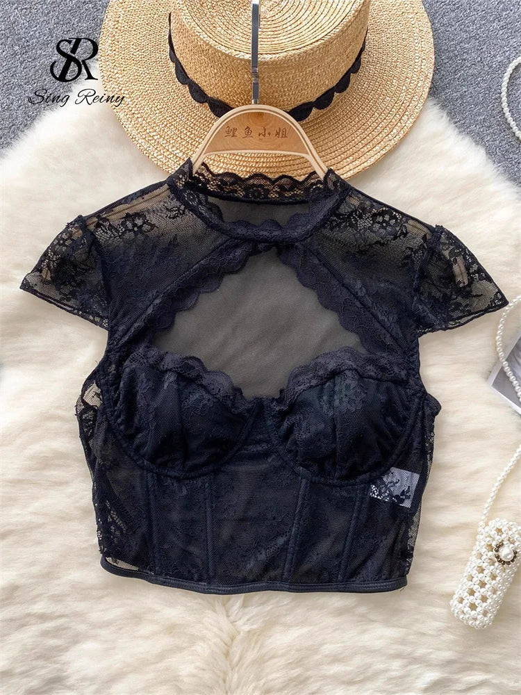 SINGREINY American Sexy Sheer Lace Blouse Women Short Sleeves Hotsweet Chiffon Shirt Fashion Hollow Out Chest Slim Summer Tops by KATA - Tropical Star